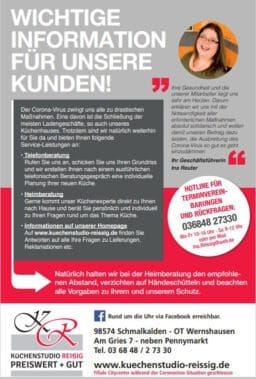 CORONA-Information Küchenstudio des Reißig Preiswert + Gut GmbH in Schmalkalden & Gotha